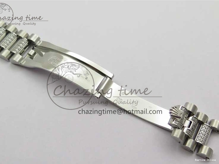 0517 SmoothTexture Day-Date 36mm 128239 SS Crystal BP Best Edition Black MOP Crystal Marker Dial on SS President Bracelet A 2681